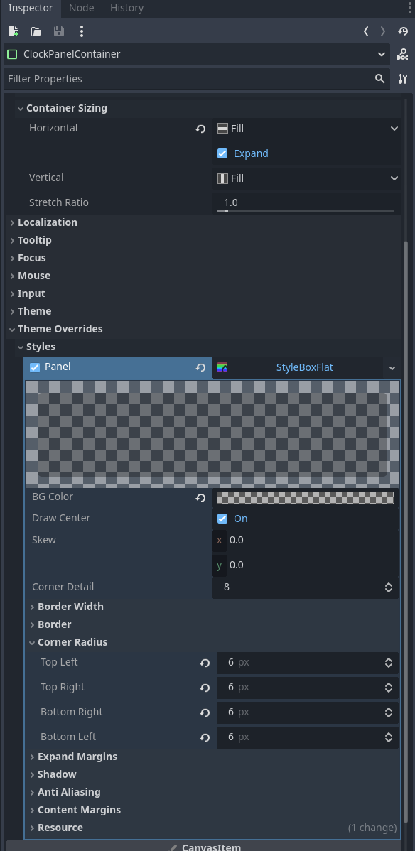 PanelContainer inspector
