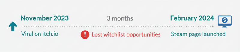 Timeline showing November 2023 viral moment, 3 months gap, and February 2024 Steam page launch