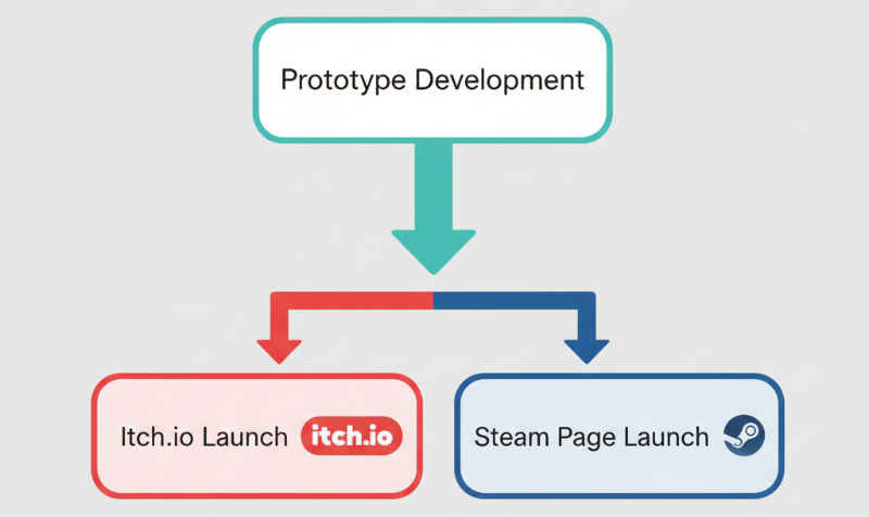 Prototype development branching to Itch.io and Steam page launches