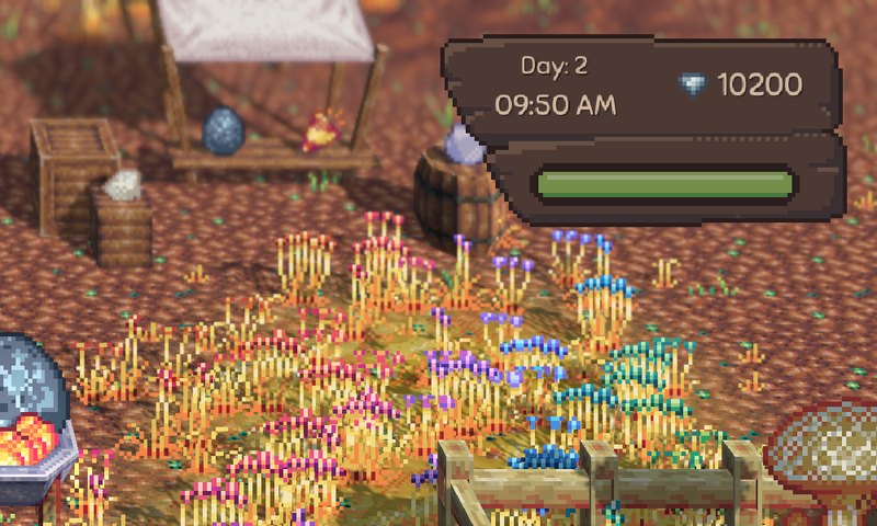 The in-game clock and currency panel over the ranch