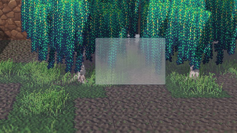 A frosted-glass UI panel floating over a grassy game scene