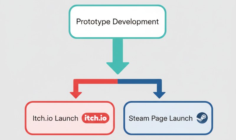 Diagram: prototype development splitting into an itch.io launch and a Steam page launch
